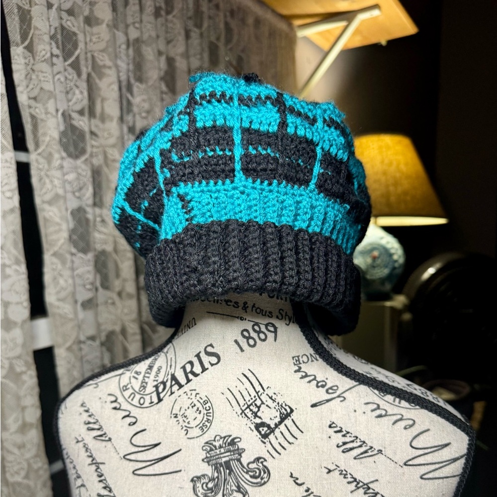 Hand Crocheted Cozy Black and Blue Striped Knit Hat